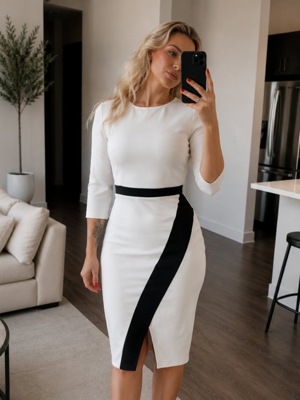 White & Black Colorblock Pencil Midi Dress